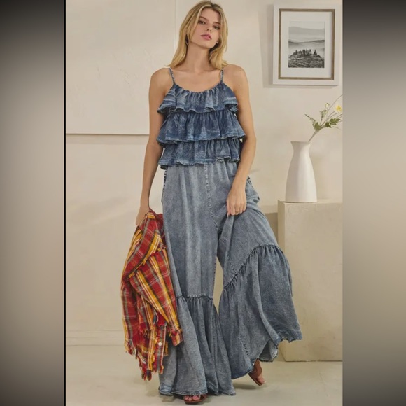 Oli & Hali patchwork washed raw stitched flare wide leg denim jumpsuit overalls - Picture 6 of 8